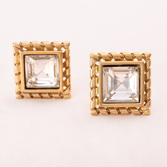 Givenchy-Ohrclips-quadratischer-Kristall-vergoldete-Fassung-1990er-Jahre
