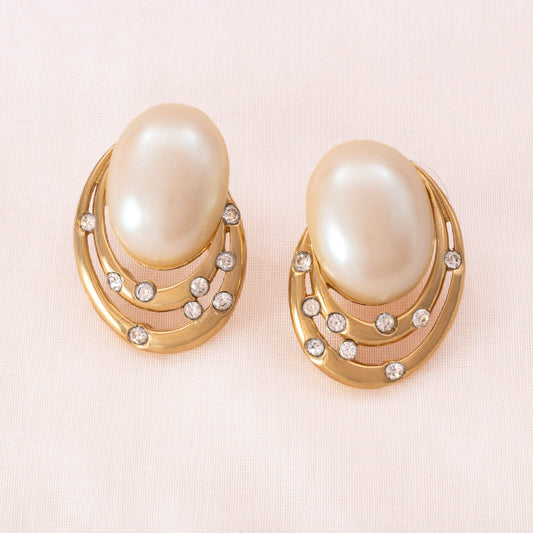 Givenchy-vergoldete-Ohrringe-ovale-Perle-kleine-Kristalle