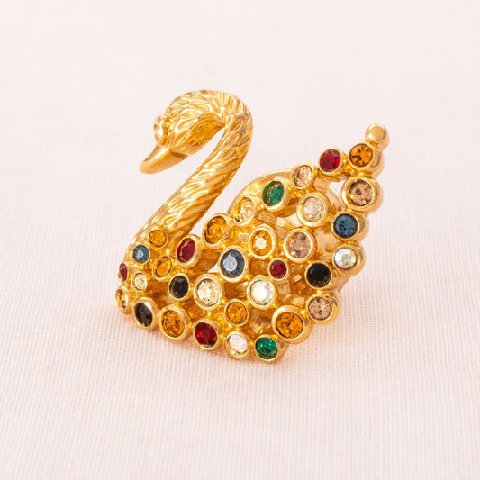 Swarovski-Schwan-Pin-Brosche-vergoldet-durchbrochen-mit-bunten-Kristallen