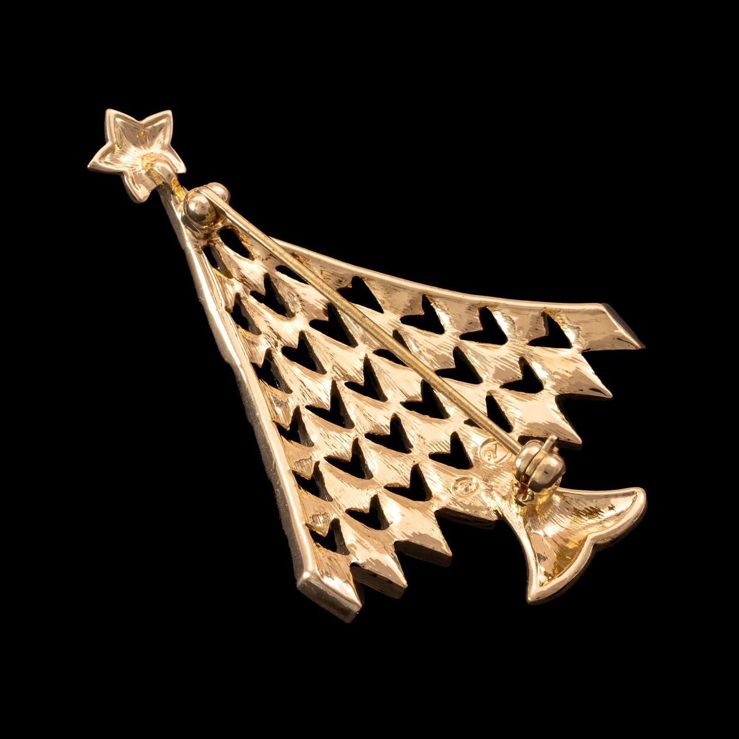 Swarovski-Weihnachtsbaum-Brosche-vergoldete-Rückseite-Schwansignatur