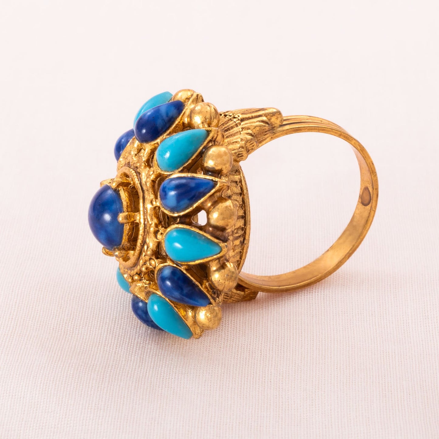 Florenza-verstellbarer-Ring-Antik-Revival-vergoldet-blaue-türkisfarbene-Cabochons