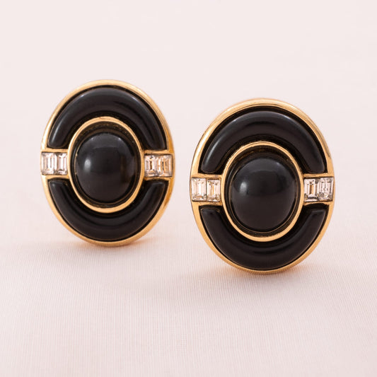 Givenchy-ovale-Ohrclips-schwarzer-Cabochon-Baguettesteine-80er-Jahre