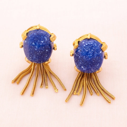 KRAMER ear clips with blue gemstone and chain tassel