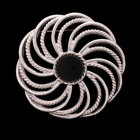 Sarah-Coventry-große-Brosche-silberfarben-schwarzer-Onyx-1966
