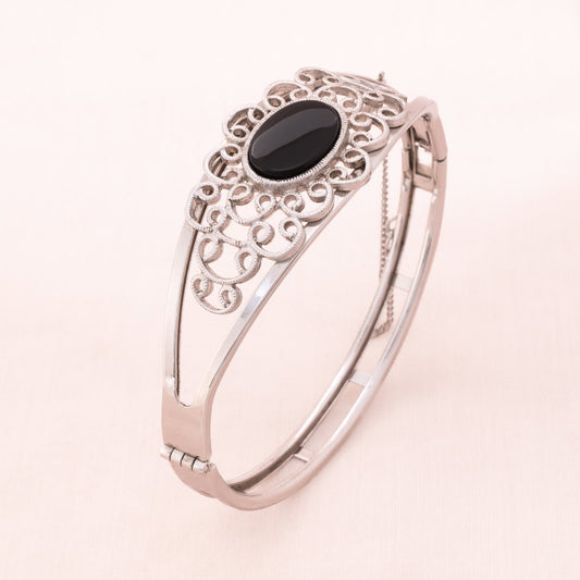 Sarah-Coventry-silberfarbener-Armreif-schwarzer-Onyx-1973