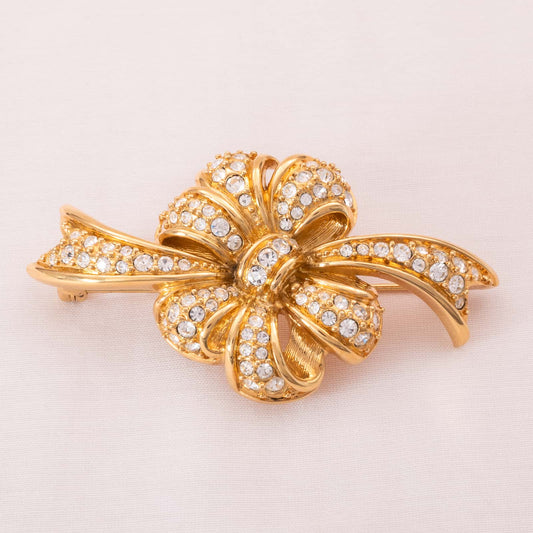 Swarovski-vergoldete-Schleifen-Brosche-Kristall-besetzt