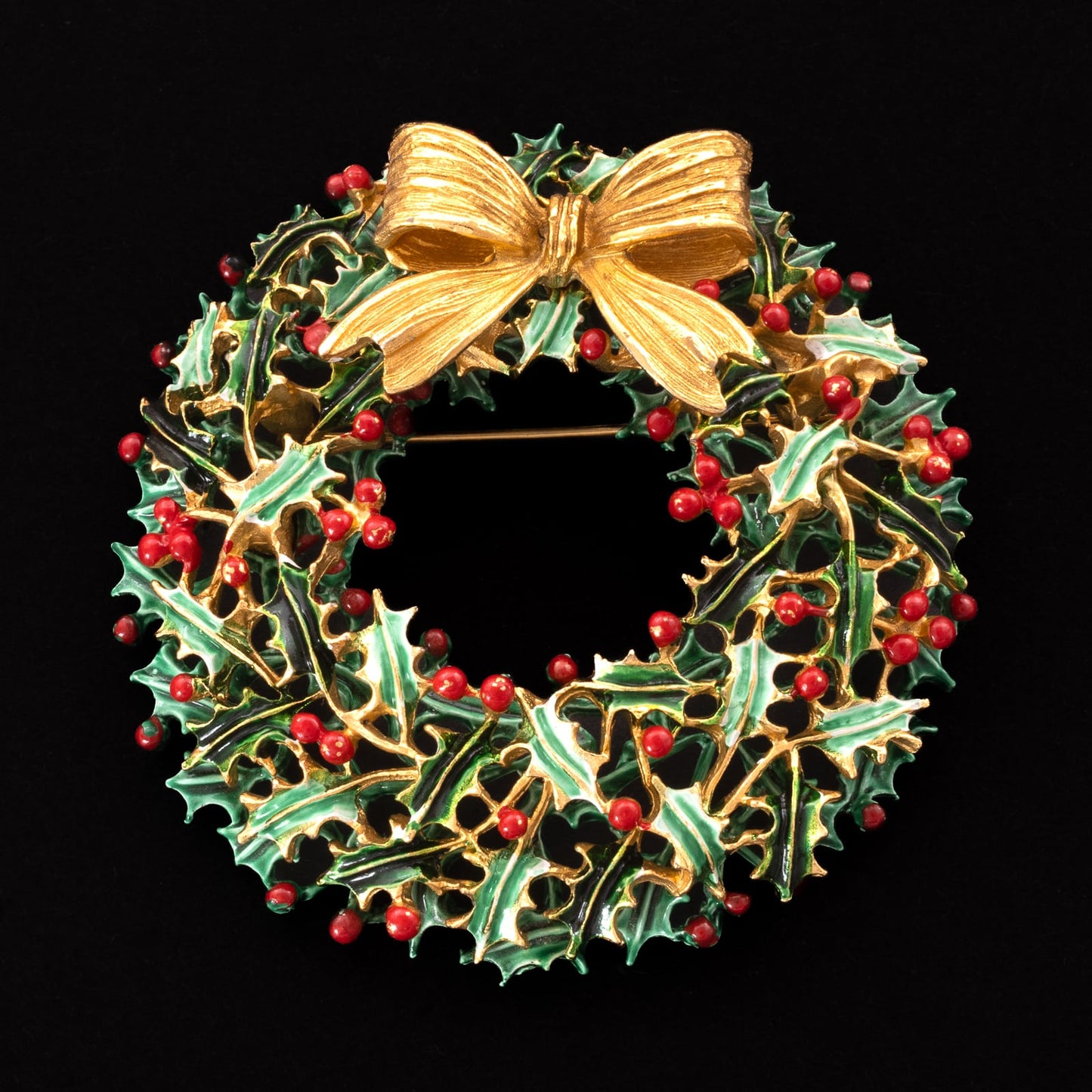 WEISS-große-Weihnachtskranz-Brosche-emailliert-vergoldete-Schleife