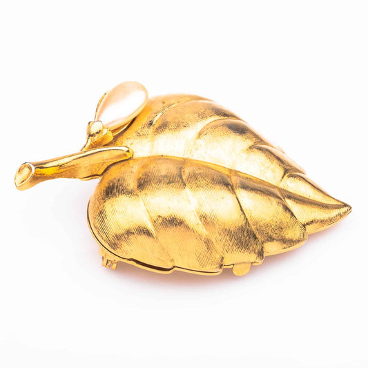 Avon-Blatt-Brosche-goldfarben-Perle