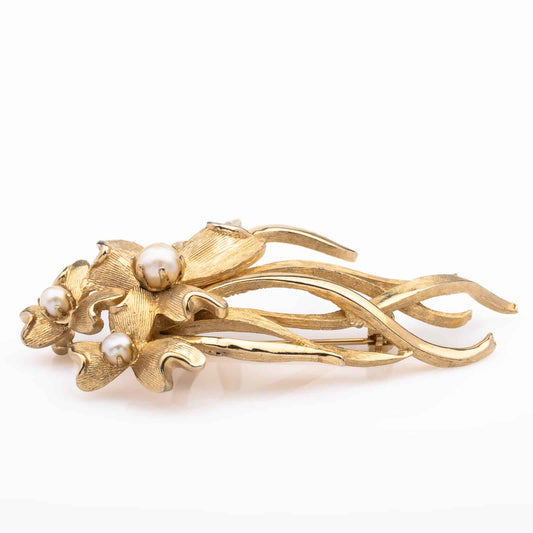 Brooks-Blumen Brosche-goldfarben-mit-Perlen