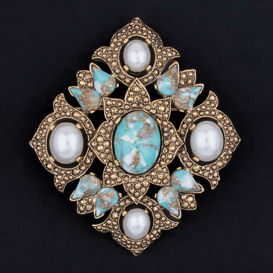 Sarah-Coventry-große-rautenförmige-Brosche-mit-Perlen-Cabochons