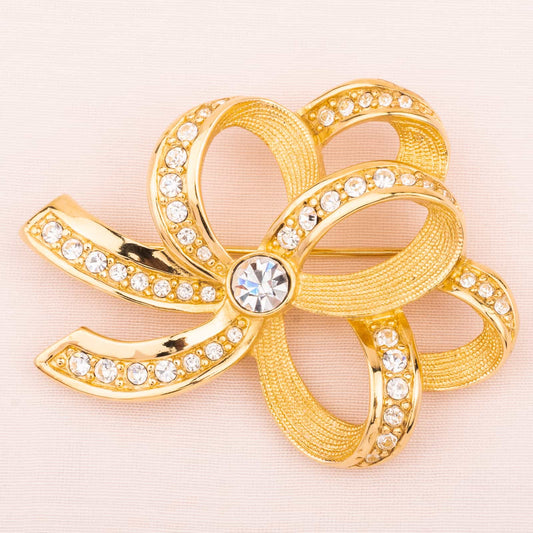 Swarovski-Schleifen-Brosche-vergoldet-Glitzer-Kristalle