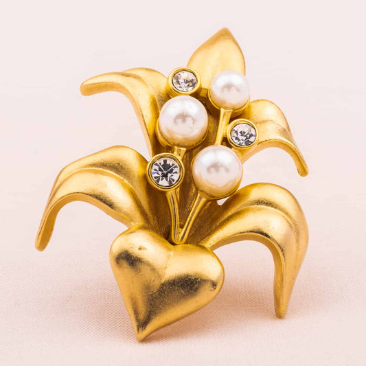 Swarovski-Blumen-Brosche-Vergoldet-Perlen-Kristalle