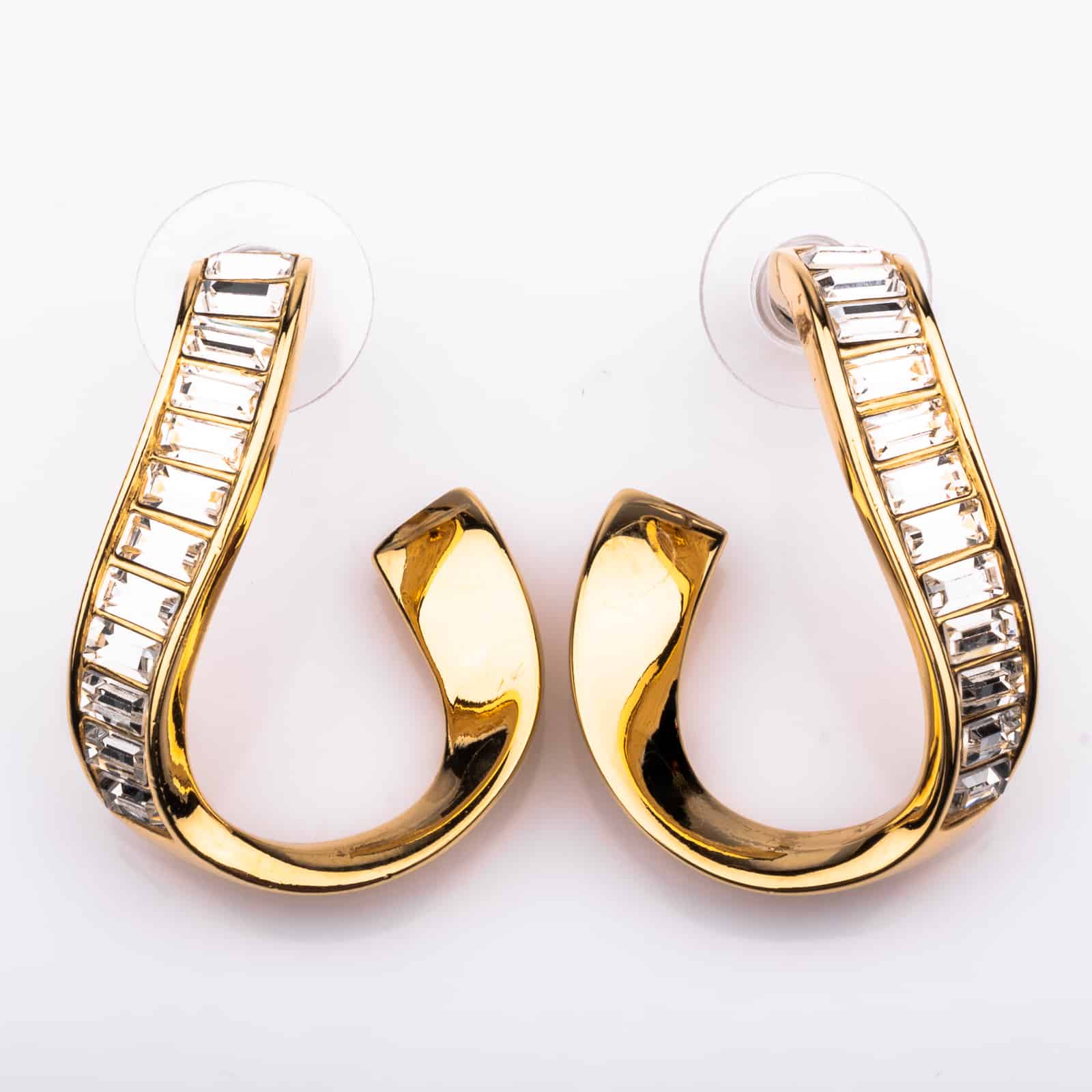 Swarovski-Ohrringe-vergoldete-geschwungene-Kreolen-Kristalle-Baguetteschliff