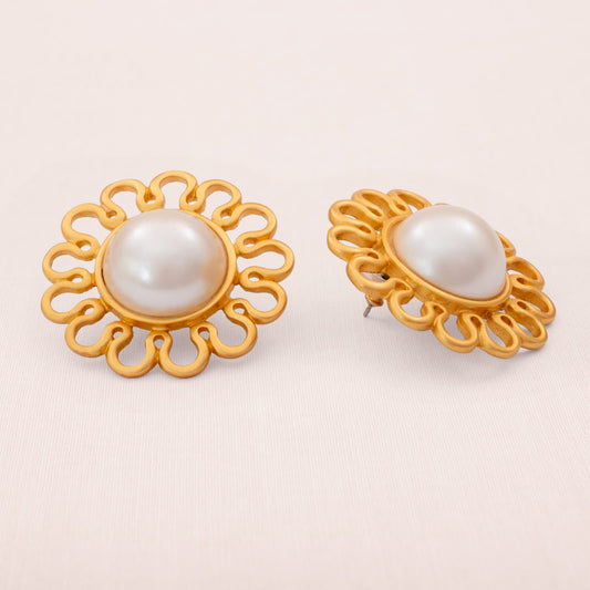 Anne-Klein-Vintage-Ohrringe-große-Perlen-matt-vergoldete-Blumen