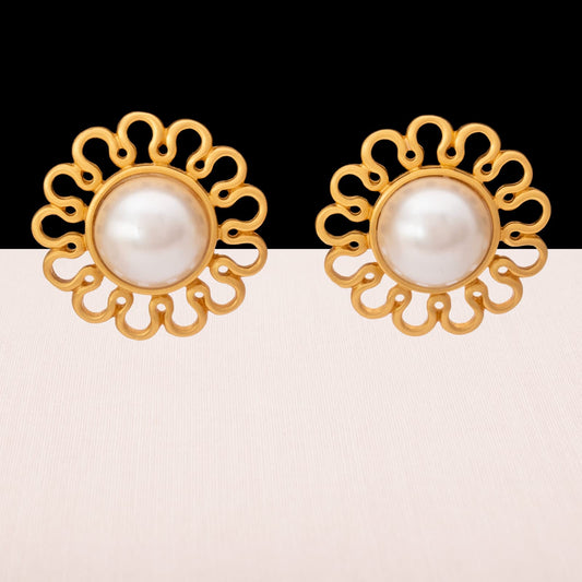 Anne-Klein-Vintage-Ohrringe-große-Perlen-matt-vergoldete-Blumen