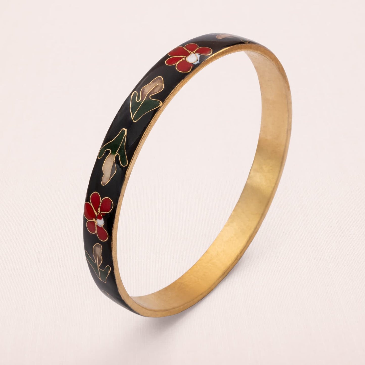 Cloisonne-Armreif-Emaille-schwarz-rote-Blumen-innen-vergoldet