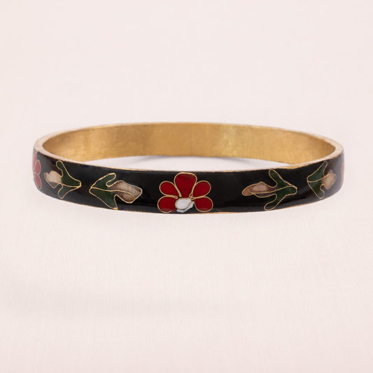 Cloisonne-Armreif-Emaille-schwarz-rote-Blumen-innen-vergoldet