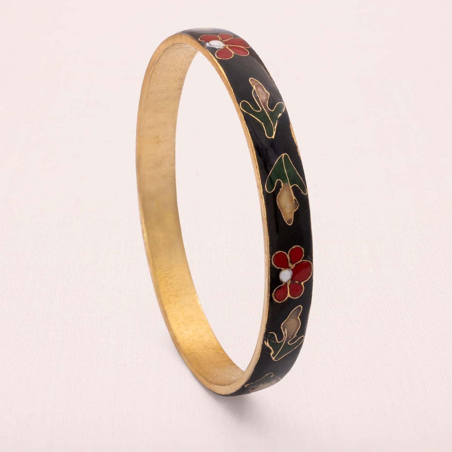 Cloisonne-Armreif-Emaille-schwarz-rote-Blumen-innen-vergoldet