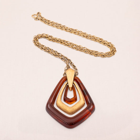 Avon-Halskette-1974-großer-Anhänger-braun-matt-vergoldet-geometrische-Form