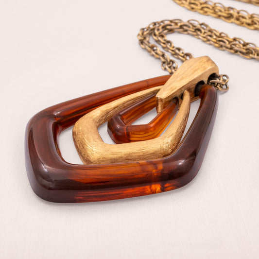 Avon-Halskette-1974-großer-Anhänger-braun-matt-vergoldet-geometrische-Form