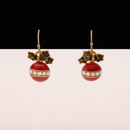 Avon-weihnachtliche-Ohrringe-Hänger-rot-emaillierte-Weihnachtskugeln-Kristallbesetzt