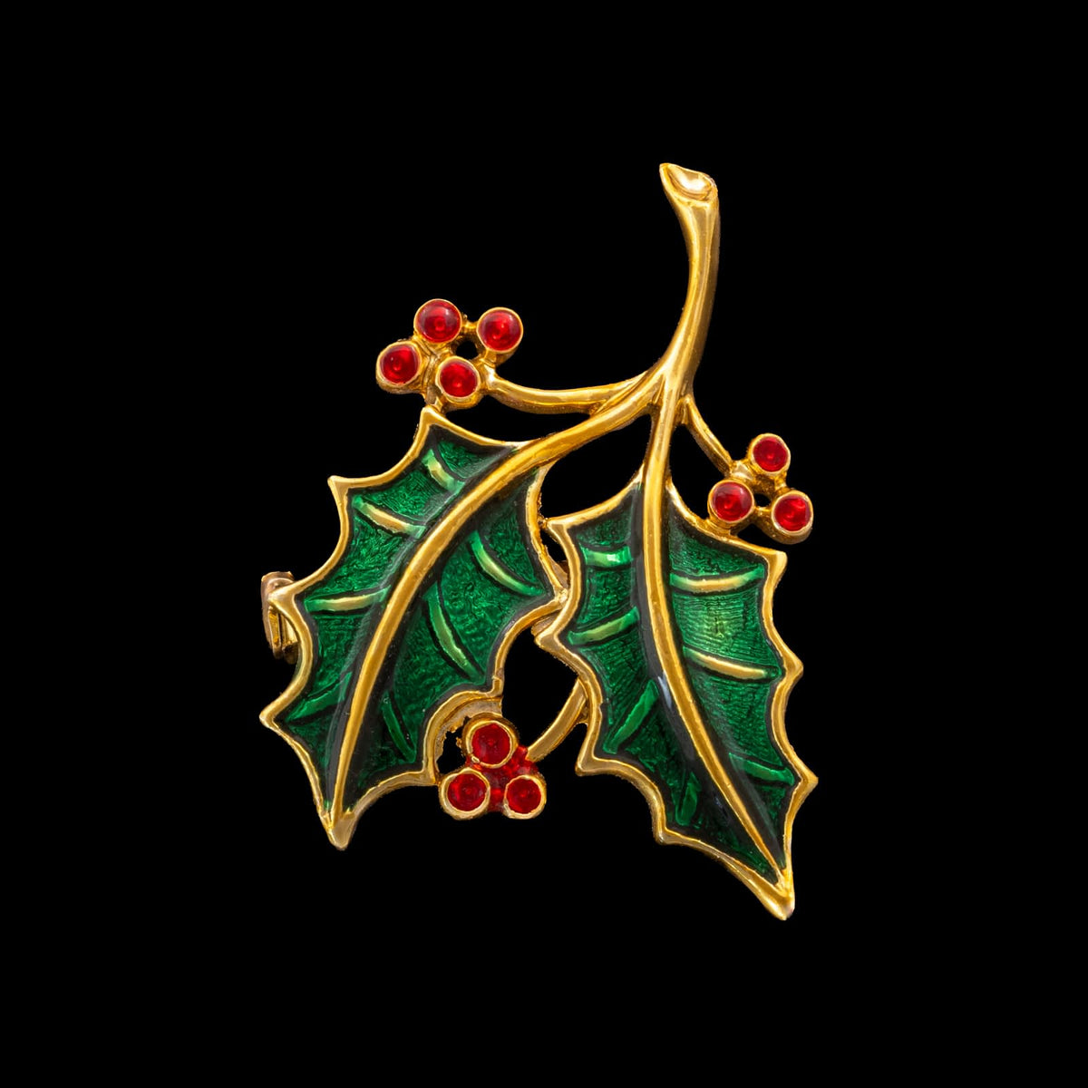 Beatrix-weihnachtliche-Brosche-Stechpalmenzweig-vergoldet-grün-rote-Emaille