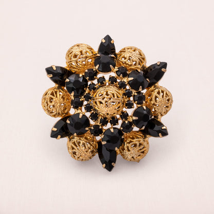 Vintage-Brosche-schwarzer-Strass-Stern-durchbrochene-vergoldete-Kugeln