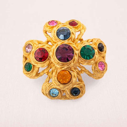 Brosche-Malteser-Kreuz-matt-vergoldet-bunte-Strasssteine-groß-klein-1980er-Design