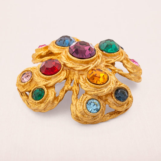 Brosche-Malteser-Kreuz-matt-vergoldet-bunte-Strasssteine-groß-klein-1980er-Design