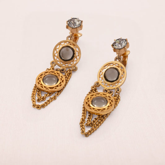 Celebrity-Ohrclips-Hänger-Strass-grau-vergoldet-Cabochons-Ketten