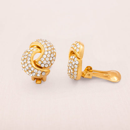 Christian-Dior-Ohrclips-vergoldet-Kristallbesetzt-Knoten-Design