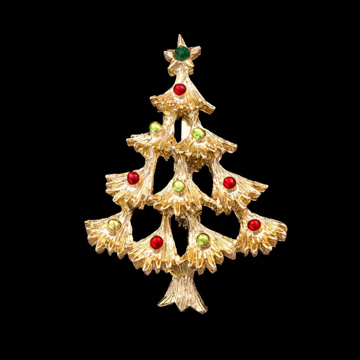 Gerrys-Weihnachtsbaum-Brosche-hellgoldfaren-rote-grüne-Kugeln