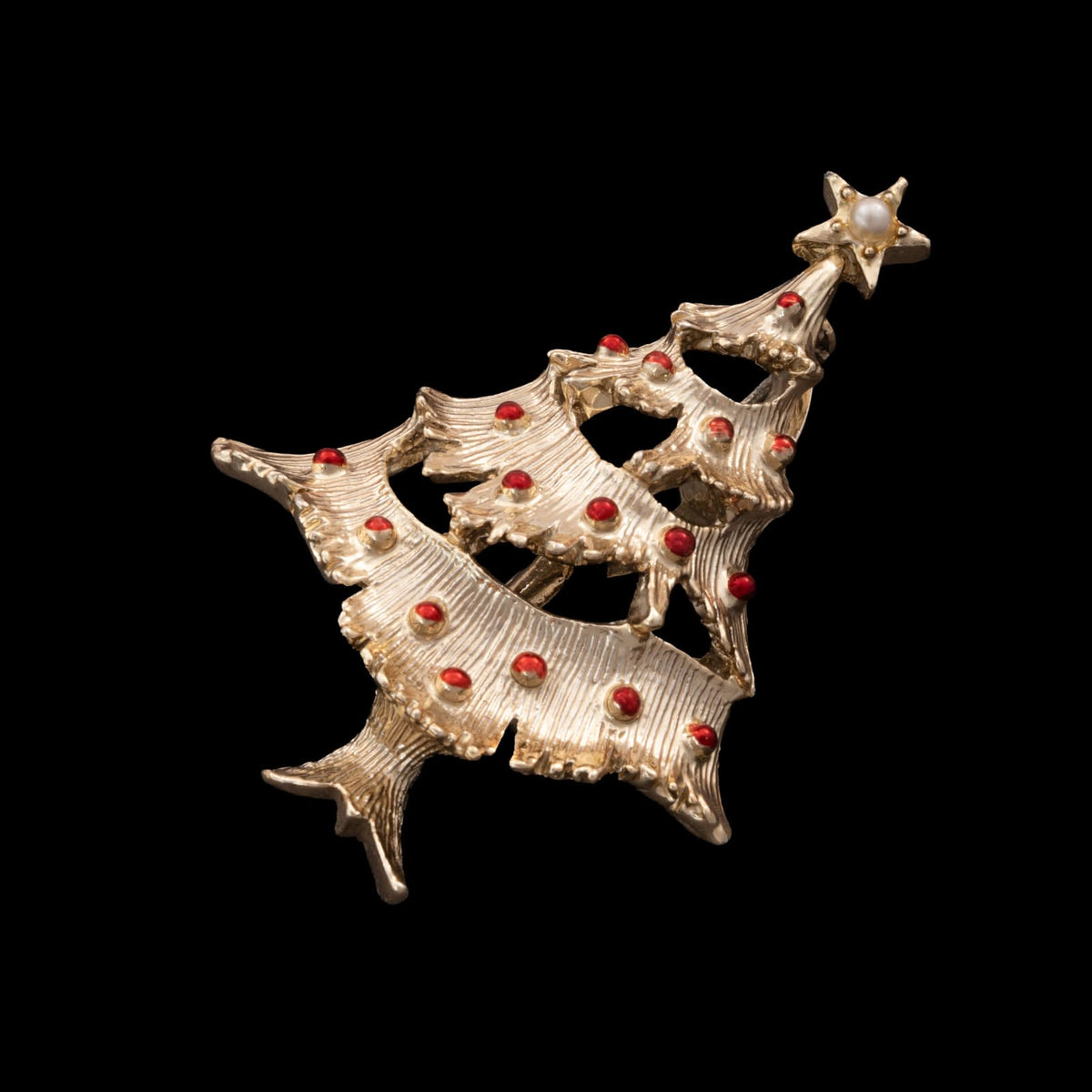 Gerrys-Weihnachtsbaum-Brosche-hellgoldfarben-kleine-rote-Kugeln