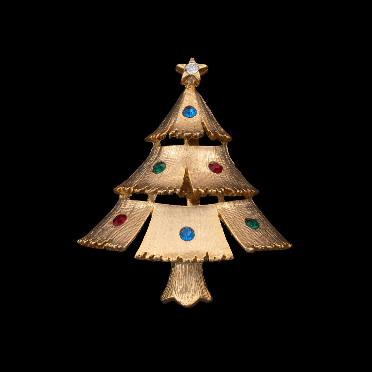 J.J.-Weihnachtsbaum-Brosche-vergoldet-bunte-Kristalle