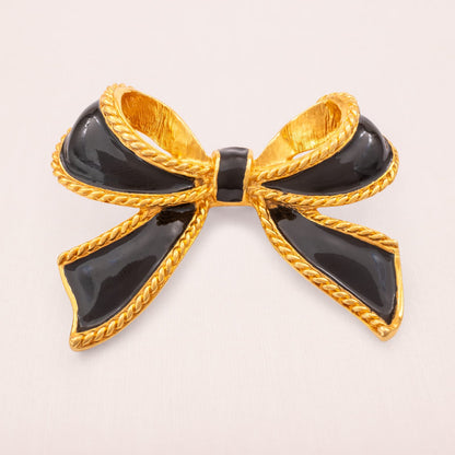 KJL FOR AVON Pendant Bow Gold-Plated Black Enamel Vintage Jewelry