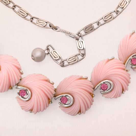 Liser-Halskette-1950er-Design-rosa-Wirbel-Strass-silberfarbene-Kette-signiert