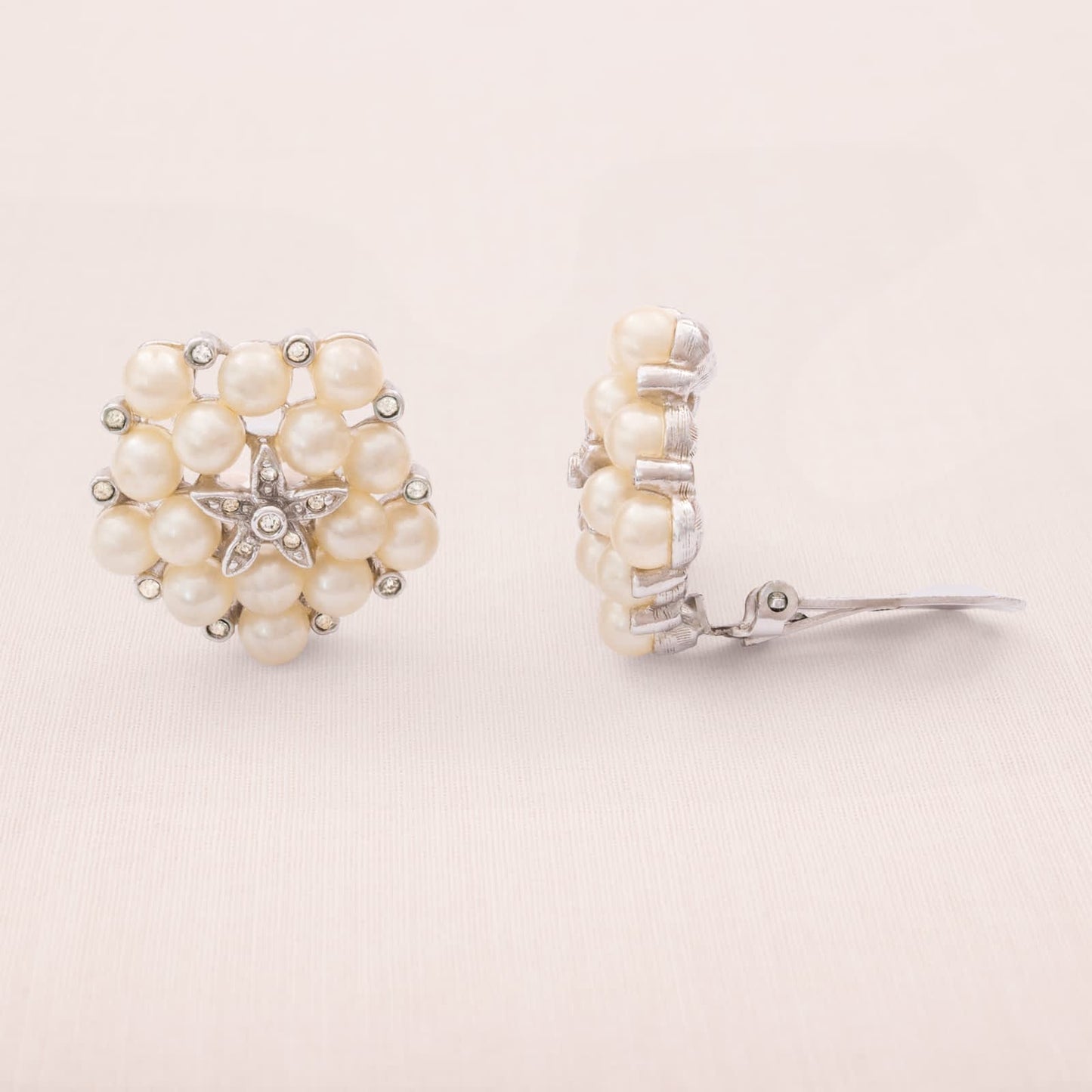 MARVELLA Vintage Clip-On Earrings 1950s Pearls Rhinestones Elegant Retro Jewelry