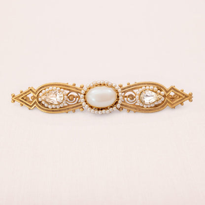 Miriam-Haskell-Brosche-vergoldet-Perlen-Kristalle-Tropfenform-Antik-Revival