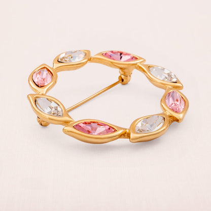 Monet-Kranz-Brosche-vergoldet-rosa-weiße-Navette-Kristallsteine