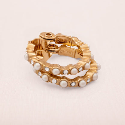 Monet-Ohrclips-Kreolen-vergoldet-Perlen-Kristalle-signiert