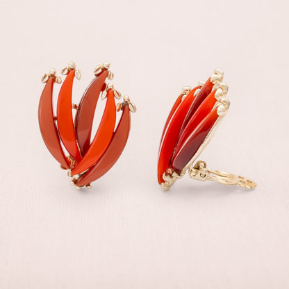 Vintage-Ohrclips-roter-Lucite-abstrakt-florales-Design