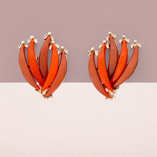 Vintage-Ohrclips-roter-Lucite-abstrakt-florales-Design