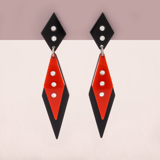 Vintage-Ohrclips-Kunststoff-Rauten-Hänger-schwarz-rot-1980er-Art-Deco