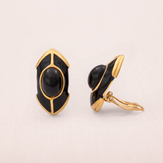 Vintage-Ohrclips-1990er-schwarze-Emaille-Cabochon