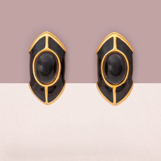 Vintage-Ohrclips-1990er-schwarze-Emaille-Cabochon