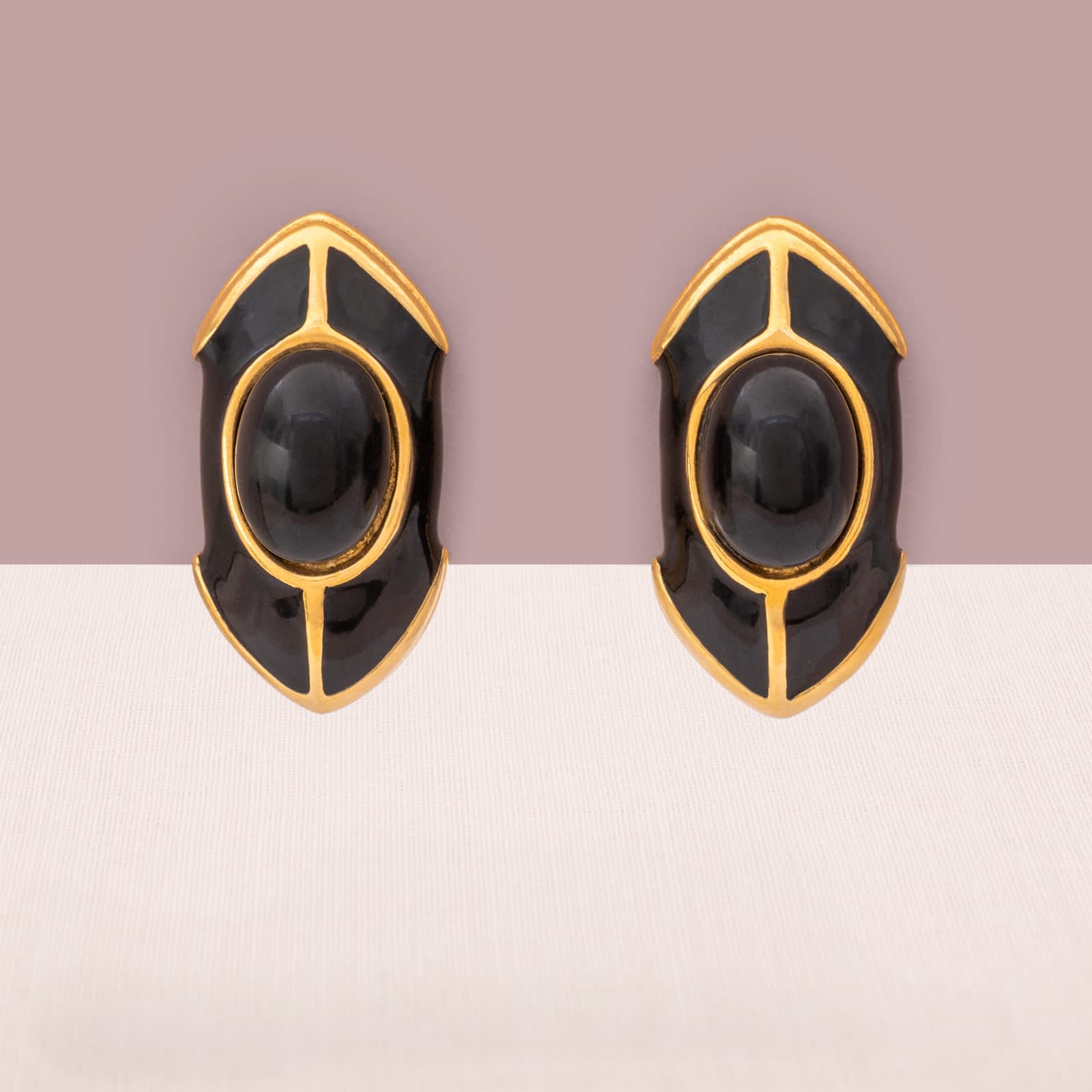 Vintage-Ohrclips-1990er-schwarze-Emaille-Cabochon