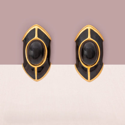 Vintage-Ohrclips-1990er-schwarze-Emaille-Cabochon