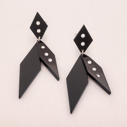 Vintage-Ohrclips-schwarz-Rauten-Hänger-Kunststoff-Strass-1980er-Art-Deco