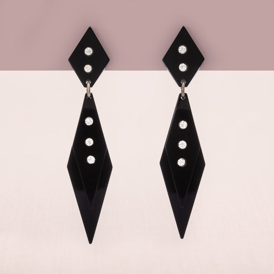 Vintage-Ohrclips-schwarz-Rauten-Hänger-Kunststoff-Strass-1980er-Art-Deco