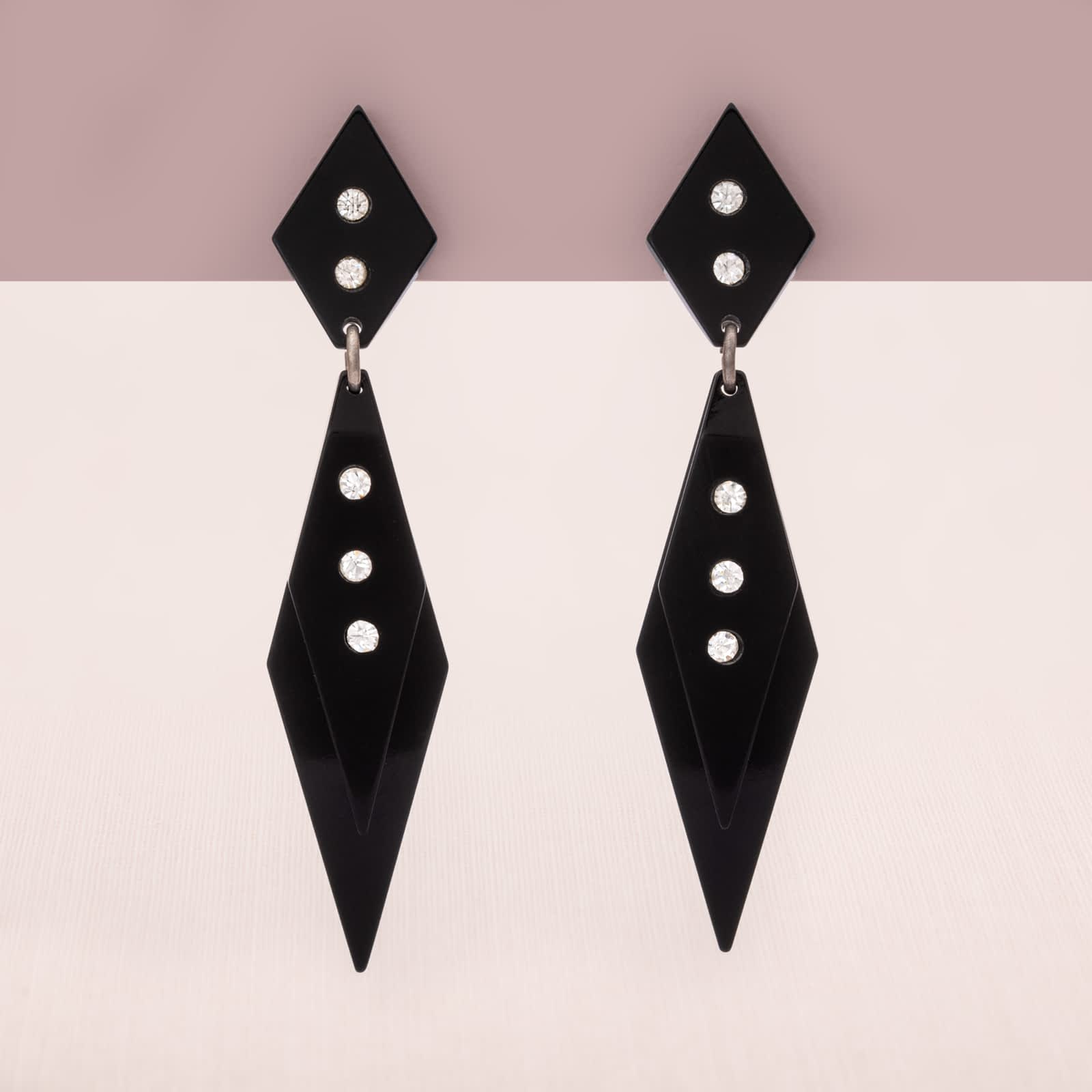 Vintage-Ohrclips-schwarz-Rauten-Hänger-Kunststoff-Strass-1980er-Art-Deco